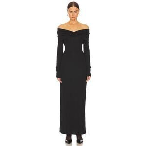 Helsa Matte Jersey Off Shoulder Ruched Long Sleeve Maxi Dress Black Size Small